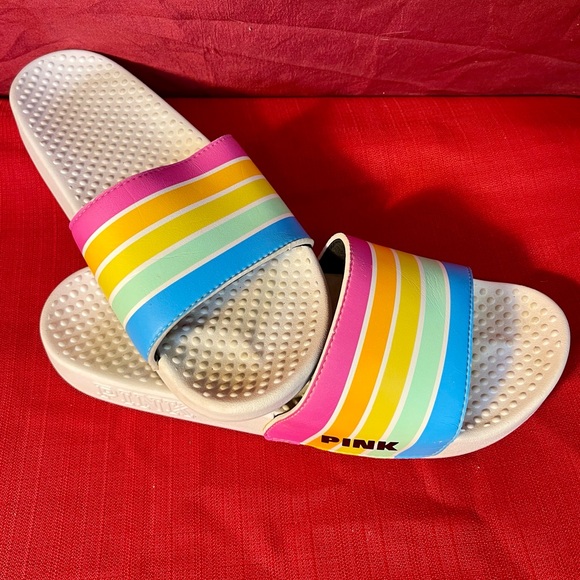 Victoria’s Secret Pink Single Strap Rainbow Striped Slip on Slide Shoes Size 8.5 - Picture 2 of 5